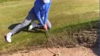PGA EuroPro Tour player hits AMAZING bunker shot while falling over!